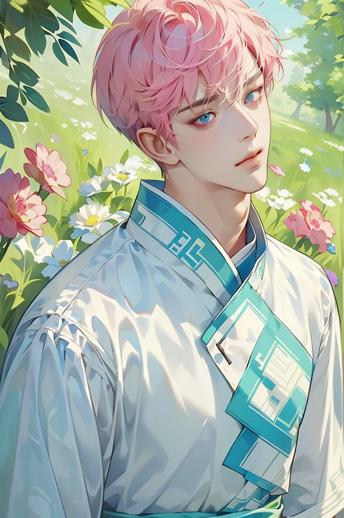 masterpiece, best quality, Detailed Eyes, high quaility, 1 male, male, 1 boy, gentle, soft, handsome, tall, skinny, flat chest, short hair, hair between eyes, undercut, looking at viewer, happy, upper body, pink colored hair, light blue colored eyes,a hadsome man,, Korean man, Adult male, cool man、Tall, ((Solo photo)), ((그는 시청자 앞에 있어)), ((현대적인 복장)), ((캐주얼한 복장))