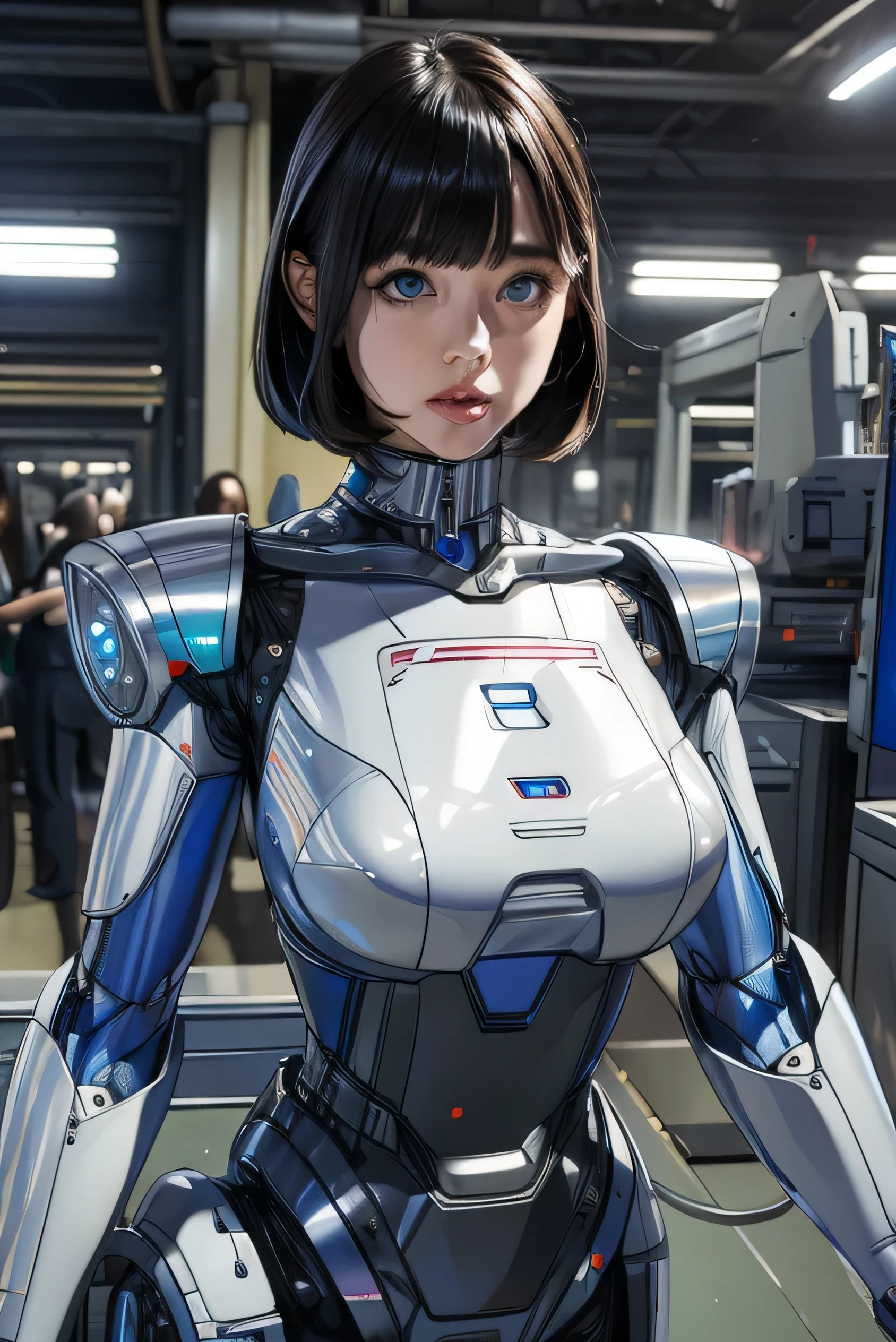 masterpiece, best quality, extremely detailed,8k portrait,Japaese android girl,Plump , control panels,android,Droid,Mechanical Hand, Robot arms and legs, Black hair,Blunt bangs,perfect robot girl,long tube,thick cable connected her neck,android,robot,humanoid,cyborg,japanese cyborg girl ,robot-assembly plant,She has assembled now,assembly scene,white robot body,blue eyes, 