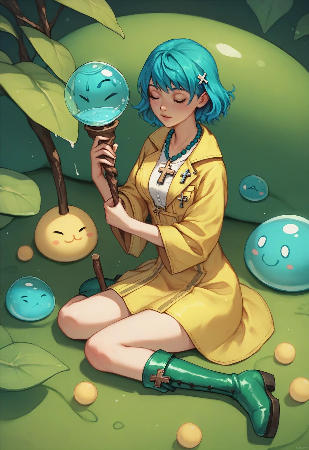 1girl, short blue hair,pilgrim, yellow raincoat, ,worn boots, a missionary cross, and a pilgrim's staff, blue eye , shaped irises scallop shells—a symbol of hope, 		rosary, rubber boots , holding, holding cane, green footwear, sitting, praying, wariza, eyes closed, jubilee_2025, latin cross, cross necklace, bead necklace , aqua hair, olive branch, seiza, slime, medium breast,, No leggings, 50s infomercial anime
