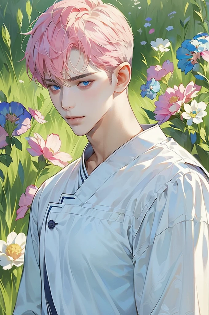 masterpiece, best quality, Detailed Eyes, high quaility, 1 male, male, 1 boy, gentle, soft, handsome, tall, skinny, flat chest, short hair, hair between eyes, undercut, looking at viewer, happy, upper body, pink colored hair, light blue colored eyes,a hadsome man,, Korean man, Adult male, cool man、Tall, ((Solo photo)), ((그는 시청자 앞에 있어)), ((현대적인 복장)), ((캐주얼한 복장)), white t-shirt