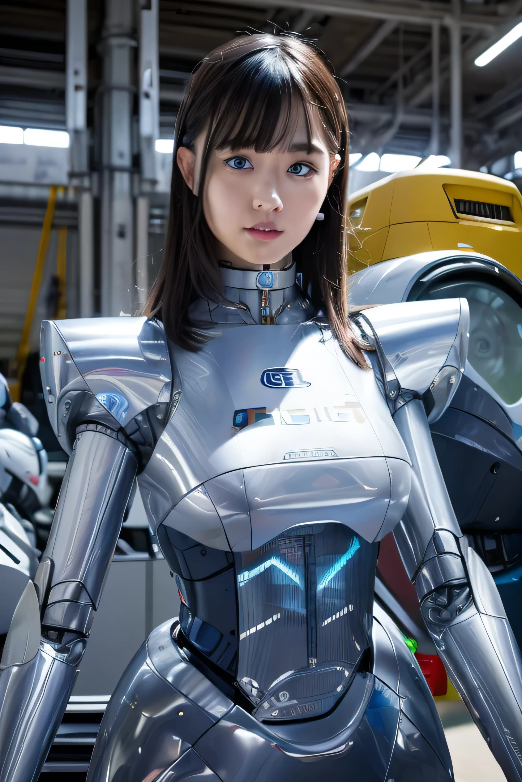 masterpiece, best quality, extremely detailed,8k portrait,Japaese android girl,Plump , control panels,android,Droid,Mechanical Hand, Robot arms and legs, Black hair,Blunt bangs,perfect robot girl,long tube,thick cable connected her neck,android,robot,humanoid,cyborg,japanese cyborg girl ,robot-assembly plant,She has assembled now,assembly scene,white robot body,blue eyes, 