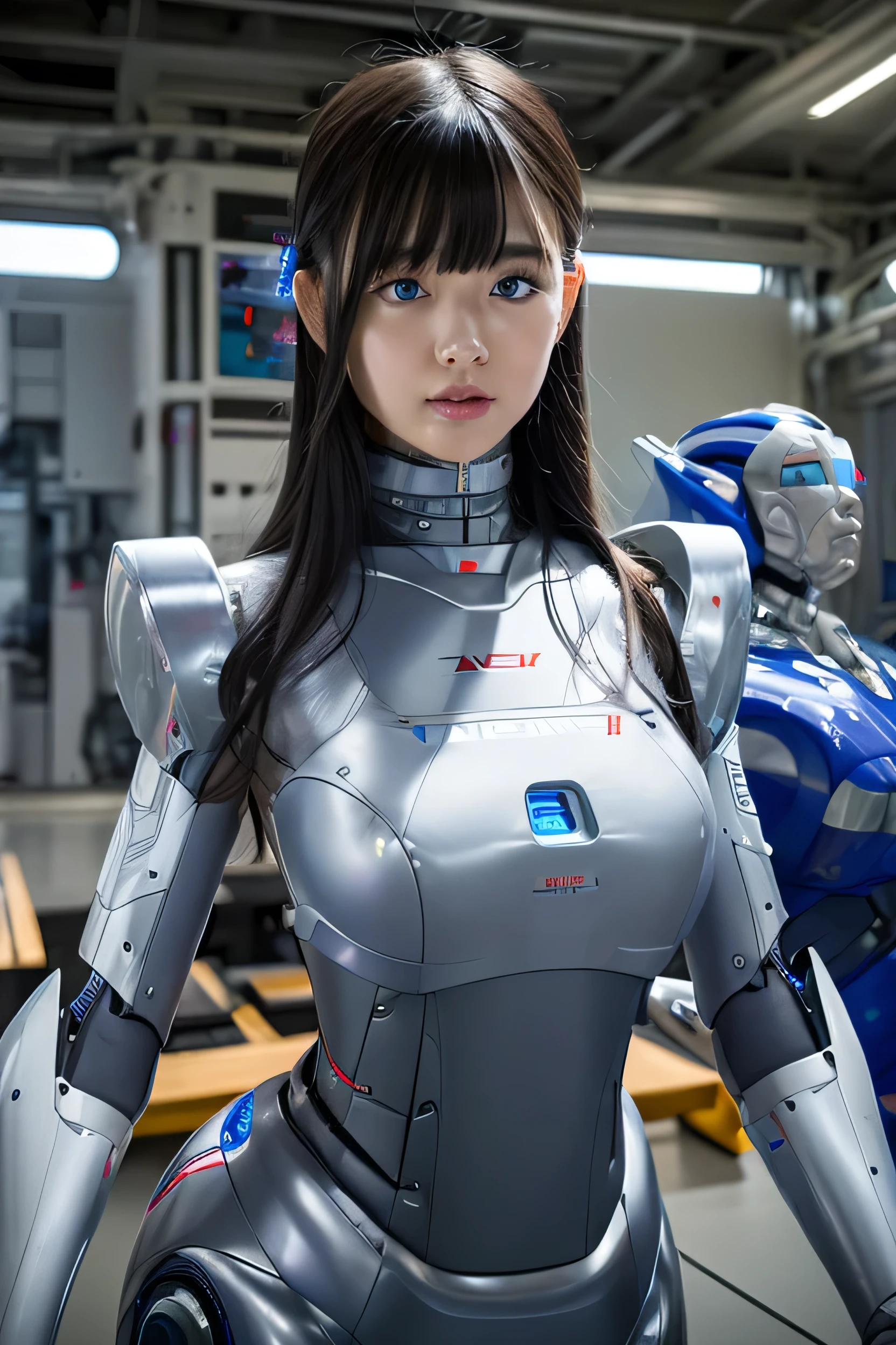 masterpiece, best quality, extremely detailed,8k portrait,Japaese android girl,Plump , control panels,android,Droid,Mechanical Hand, Robot arms and legs, Black hair,Blunt bangs,perfect robot girl,long tube,thick cable connected her neck,android,robot,humanoid,cyborg,japanese cyborg girl ,robot-assembly plant,She has assembled now,assembly scene,white robot body,blue eyes, 