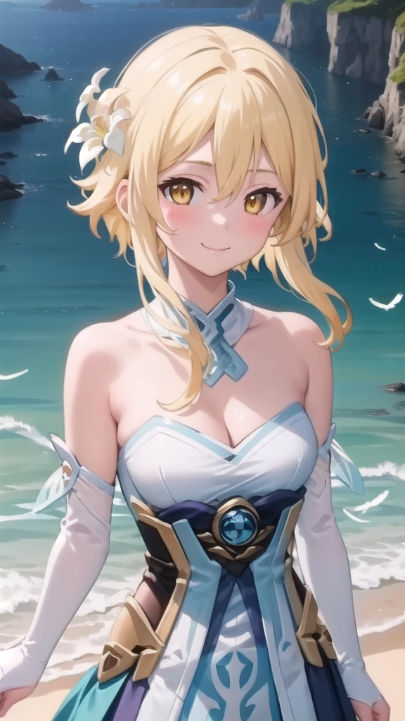 ((masterpiece)),(best quality),official art,extremely detailed CG,unity 8k wallpaper,ultra detailed,A lighthouse on a cliff by the sea,1girl,solo,upper body,(portrait:1.2),looking at viewer,lumine (genshin impact),blonde hair,hair flower,hair ornament,yellow eyes,white dress,detached sleeves,short hair with long locks,white flower,bare shoulders,smile,white thighhighs,bangs,frills,blush,medium breasts,long sleeves,sidelocks,halterneck,cleavage,hair between eyes,zettai ryouiki,white sleeves,see-through,feather hair ornament,