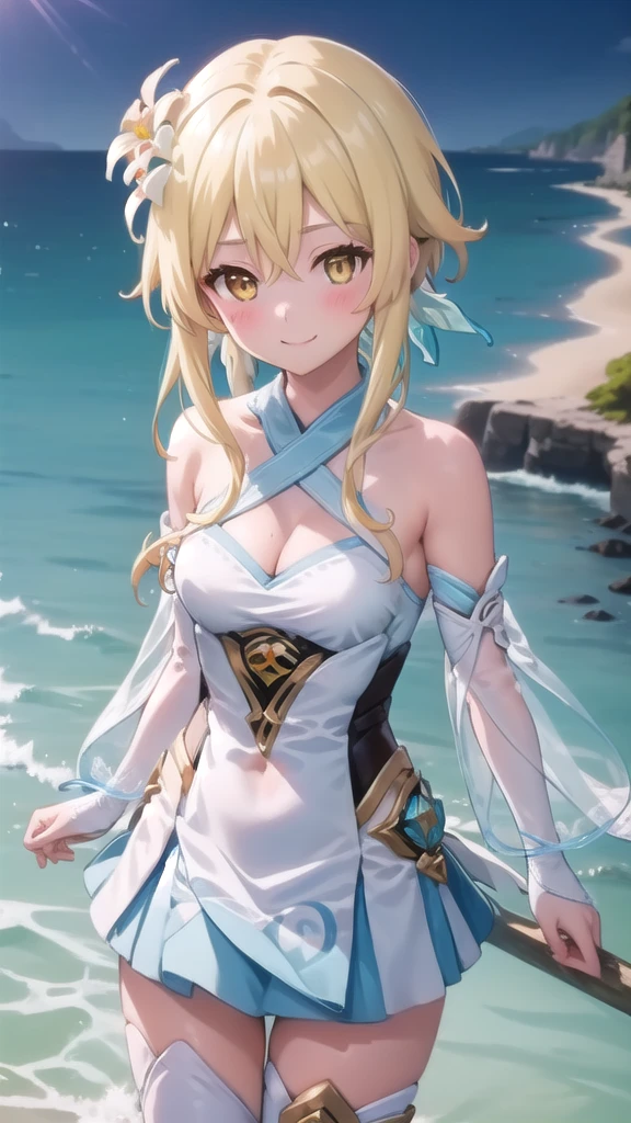 ((masterpiece)),(best quality),official art,extremely detailed CG,unity 8k wallpaper,ultra detailed,A lighthouse on a cliff by the sea,1girl,solo,upper body,(portrait:1.2),looking at viewer,lumine (genshin impact),blonde hair,hair flower,hair ornament,yellow eyes,white dress,detached sleeves,short hair with long locks,white flower,bare shoulders,smile,white thighhighs,bangs,frills,blush,medium breasts,long sleeves,sidelocks,halterneck,cleavage,hair between eyes,zettai ryouiki,white sleeves,see-through,feather hair ornament,