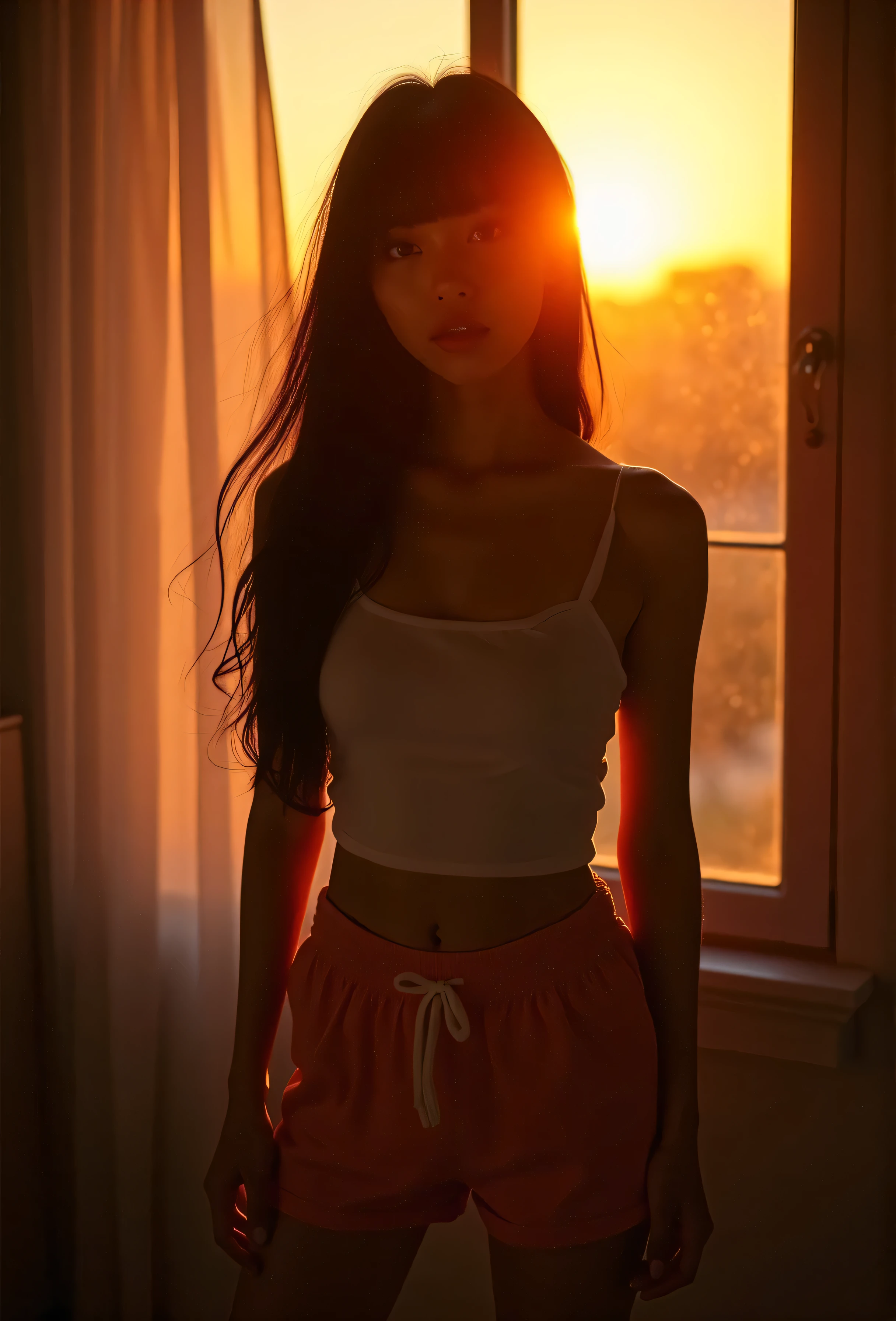 Is night, A Korean, 20 years old woman, parted lips, wearing pink shorts and a white tank top, is standing in front of a window. She has black hair, blunt bangs, long hair, loose hair, the room appears to be dark, the girl is lit up by the sunset light coming through the window, lens flare.