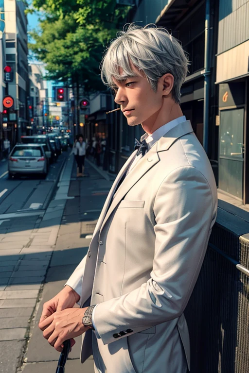 male,(((中年male))),40 years old,Yakuza、 short hair,Gray Hair,Look Down, sleepy look after intercourse,Bad look,Three white eyes, Light Shines In , light that increases volume ,Standing posture, upper body, face up, focus on faces,From the side,Outdoor, gray suit ,Smoking a cigarette, lean against guardrails,On the road,Lexus、car,Shinjuku Bustling Street, fluttering birds don't flap their wings ,矢代 high definition, solo, smile,  anatomically correct, accurate,  high definition, masterpiece, 最 high quality, Damaged,  detail,  high quality,  very detailed,  textured skin around the chest,  shortcuts , Silver Hair,  shiny hair,  Dutch Angle , Overlooking,  Blurred Background , solo, solo, 