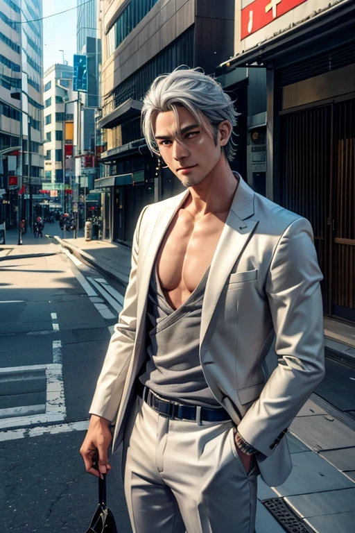 male,(((中年male))),40 years old,Yakuza、 short hair,Gray Hair,Look Down, sleepy look after intercourse,Bad look,Three white eyes, Light Shines In , light that increases volume ,Standing posture, upper body, face up, focus on faces,From the side,Outdoor, gray suit ,Smoking a cigarette, lean against guardrails,On the road,Lexus、car,Shinjuku Bustling Street, fluttering birds don't flap their wings ,矢代 high definition, solo, smile,  anatomically correct, accurate,  high definition, masterpiece, 最 high quality, Damaged,  detail,  high quality,  very detailed,  textured skin around the chest,  shortcuts , Silver Hair,  shiny hair,  Dutch Angle , Overlooking,  Blurred Background , solo, solo, 