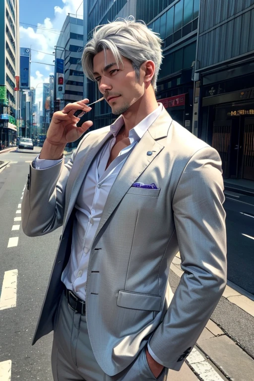 male,(((中年male))),40 years old,Yakuza、 short hair,Gray Hair,Look Down, sleepy look after intercourse,Bad look,Three white eyes, Light Shines In , light that increases volume ,Standing posture, upper body, face up, focus on faces,From the side,Outdoor, gray suit ,Smoking a cigarette, lean against guardrails,On the road,Lexus、car,Shinjuku Bustling Street, fluttering birds don't flap their wings ,矢代 high definition, solo, smile,  anatomically correct, accurate,  high definition, masterpiece, 最 high quality, Damaged,  detail,  high quality,  very detailed,  textured skin around the chest,  shortcuts , Silver Hair,  shiny hair,  Dutch Angle , Overlooking,  Blurred Background , solo, solo, 