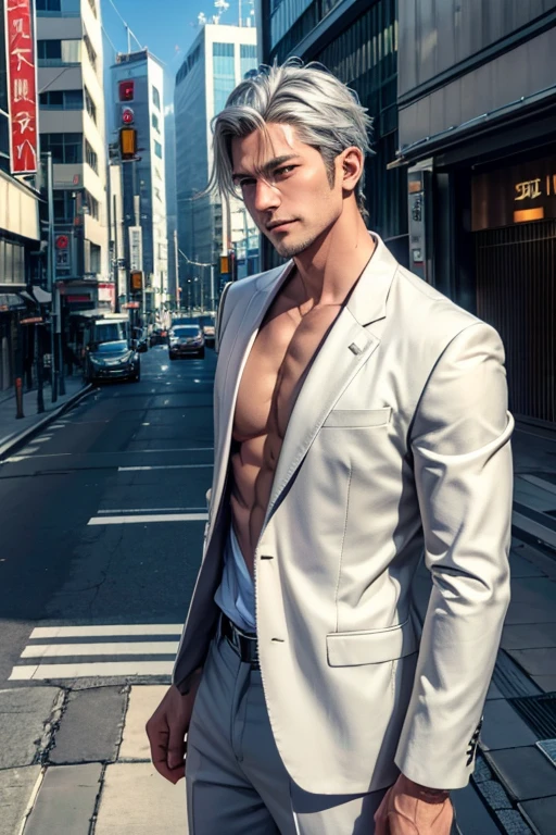 male,(((中年male))),40 years old,Yakuza、 short hair,Gray Hair,Look Down, sleepy look after intercourse,Bad look,Three white eyes, Light Shines In , light that increases volume ,Standing posture, upper body, face up, focus on faces,From the side,Outdoor, gray suit ,Smoking a cigarette, lean against guardrails,On the road,Lexus、car,Shinjuku Bustling Street, fluttering birds don't flap their wings ,矢代 high definition, solo, smile,  anatomically correct, accurate,  high definition, masterpiece, 最 high quality, Damaged,  detail,  high quality,  very detailed,  textured skin around the chest,  shortcuts , Silver Hair,  shiny hair,  Dutch Angle , Overlooking,  Blurred Background , solo, solo, 