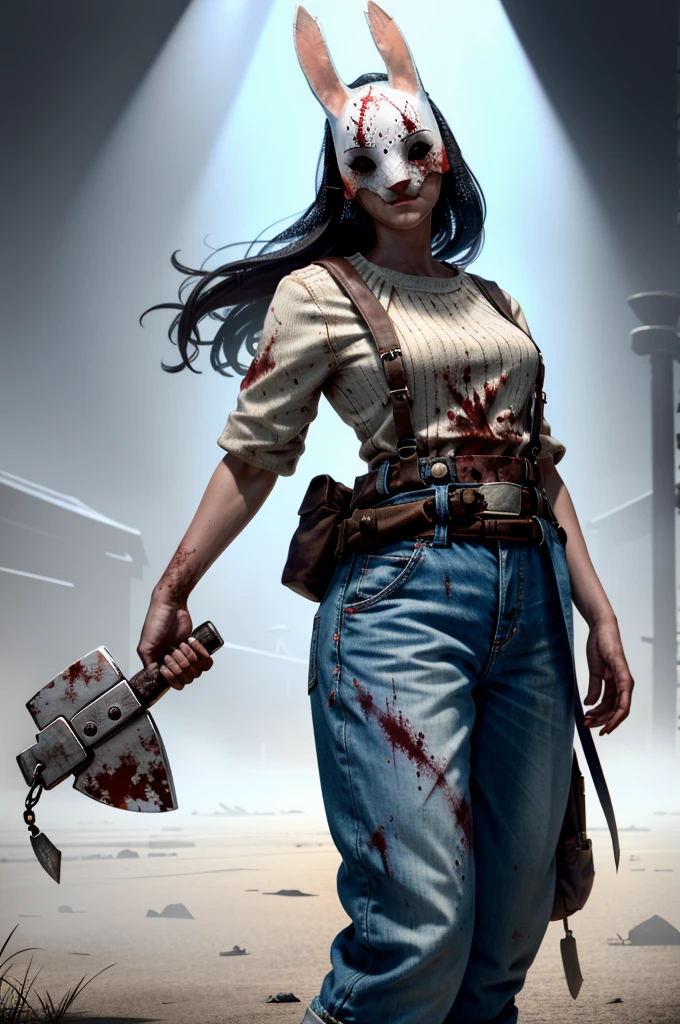 (masterpiece, best quality) HuntressDBD,  1girl, solo, looking at viewer, simple background, shirt, standing, short sleeves, cowboy shot, belt, pants, black eyes, blood, mask, suspenders, pouch, striped shirt, blood on clothes, belt pouch, Hatchet