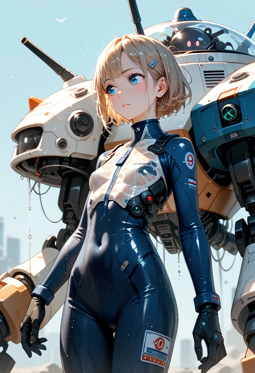 (very detailedな目と顔),blue eyes, small breasts,　 soaked,  clothes,Mech Suit, black inner,SF,