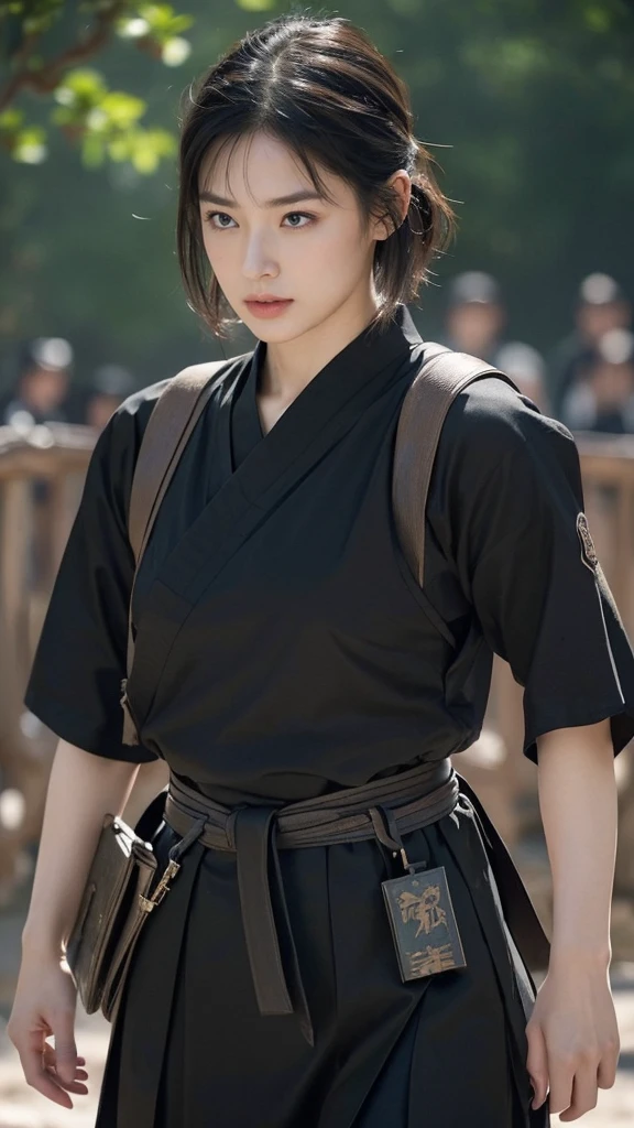  high definition, 超 high definition,  high quality, masterpiece, woman、Ninja、 short split bangs 、 muscular body flowing through a bowl、 big breasts at the temple, (((横から胸が見える黒いセクシーなNinja服)))、 dynamic pose、 His face is covered in mud and blood .、((The background is a Japanese battlefield、 Knight 、The whole area is a sea of fire))、Alone、A tense moment、 walking towards me 、 anatomically accurate ,  dagger dagger dressed like a pirate、 wrinkled skin ,  black short hair、