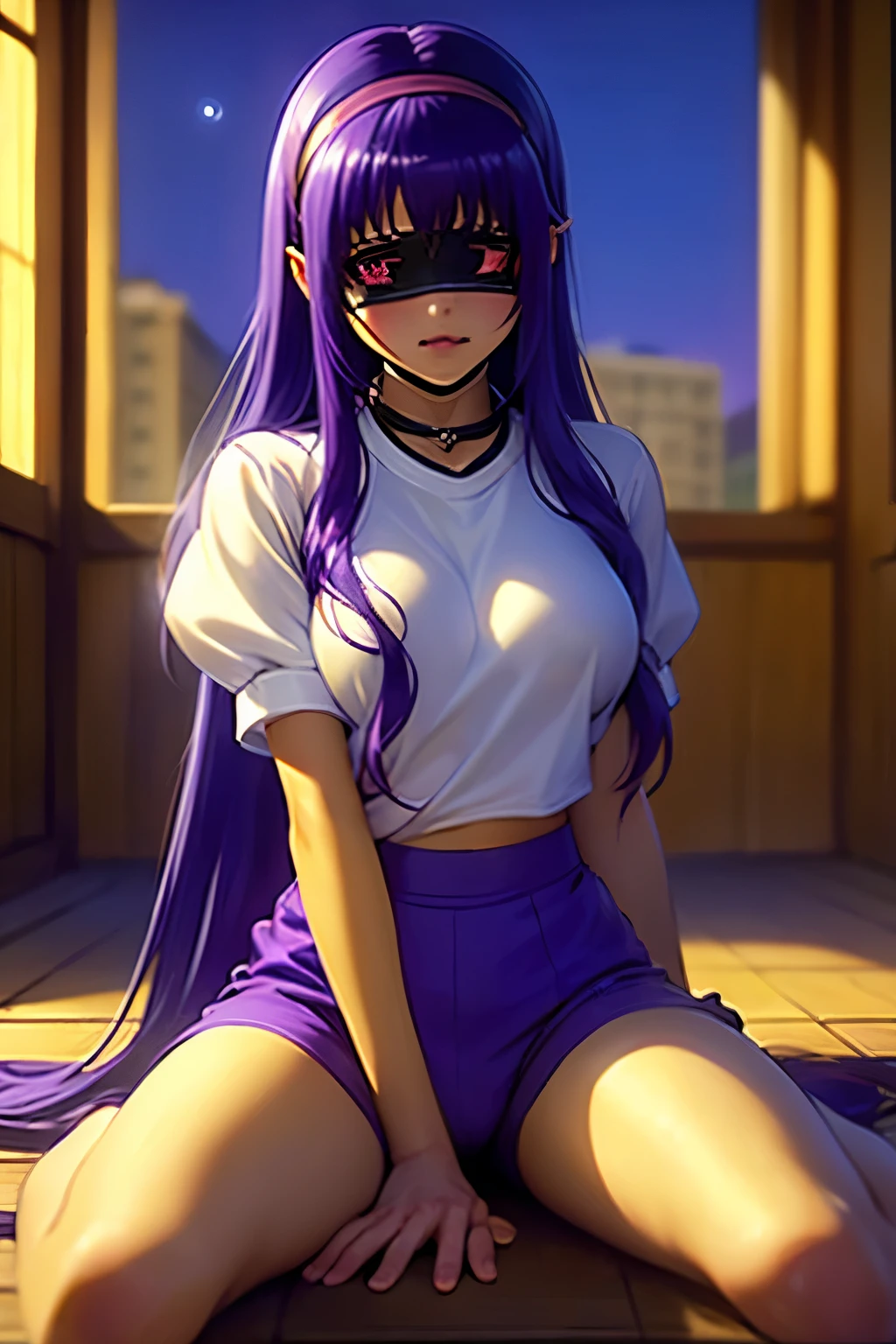 Suzuka Tsukimura 、Suzuka 、" Puella Magical Girl Lyrical Nanoha"、Purple Hair、Long Hair、 headband、Big Breasts、 HIGH SCHOOL GIRL、 Night Clan 、Gym clothes、Bloomers、Wet and transparent 、 embarrassing、、Teary-eyed、 with hands on her back 、Nipple erection（（（ＳＦＷ、sound、Highest quality、A first-class masterpiece、Normal body、8k、  detail face 、Ultra-precision、 Normal Hand、通常refer to、５refer to、Highest）））、Tied up、bondage、 Chained 、fear、Ruins、handcuffs、bondage、Blindfold、gag、Mouth gag