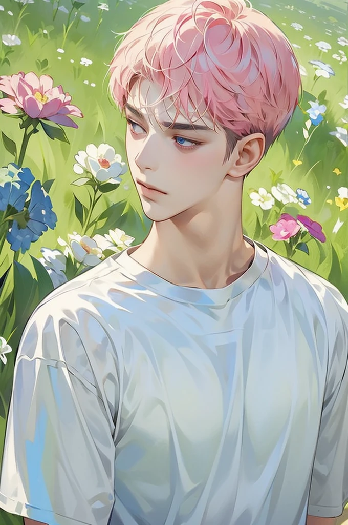 masterpiece, best quality, Detailed Eyes, high quaility, 1 male, male, 1 boy, gentle, soft, handsome, tall, skinny, flat chest, short hair, hair between eyes, undercut, looking at viewer, happy, upper body, pink colored hair, gary colored eyes,a hadsome man,, Korean man, Adult male, cool man、Tall, ((Solo photo)), ((그는 시청자 앞에 있어)), white t-shirt