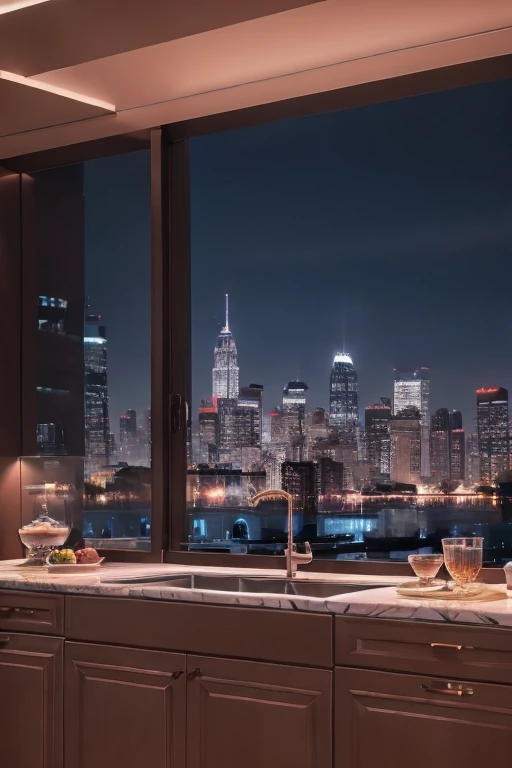 dreamy kitchen,1980s retro,high-end luxury,glossy satin furniture,cityscape at night,blue hour,magical atmosphere,serene,photorealistic,8k,highly detailed,cinematic lighting,color gradient sky,masterpiece