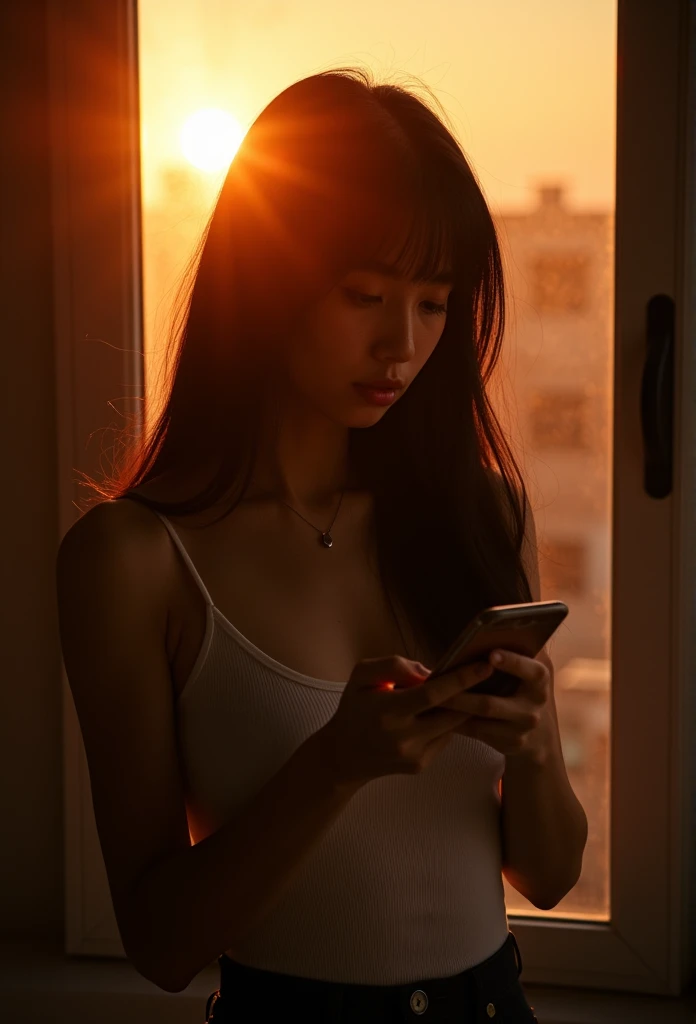 Is night, A Korean, 20 years old woman, parted lips, wearing a white camisole, is standing in front of a window. She has long hair, black hair, blunt bangs, loose hair, she is texting from her cellphone, the room appears to be dark, the girl is lit up by the sunset light coming through the window, multiple lens flares