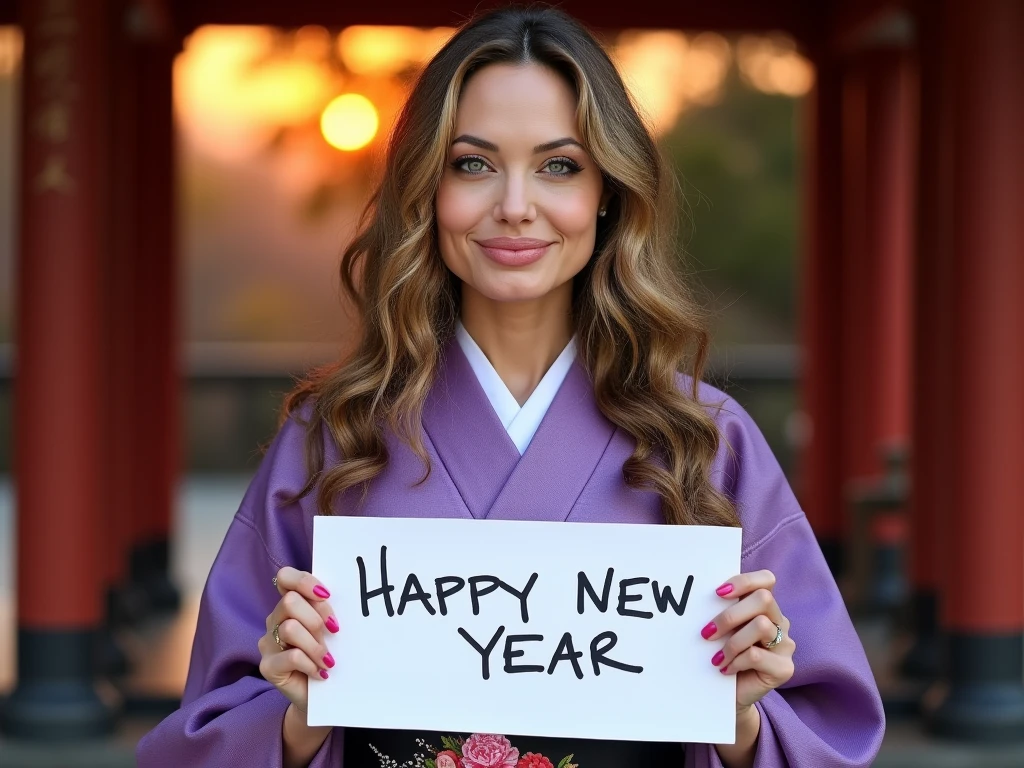 cowboy shot,  front view 1 woman, beautiful  American actress,  name is Angelina Jolie, 30-age, (golden curl hair ,middle hair, beautiful blue eye, smile), (C cup breasts, wide hip), ( Japanese traditional violet Kimono, kimono's below  flower pattern , black obi with flower pattern, obi string ) ,  White board hold both hands, writing word "Happy New Year"  front Shinto shrine, sunrise , (super detail, high details, high quality, accurate, anatomically correct, textured skin, beautiful fingers super detail, high details, high quality, best quality)