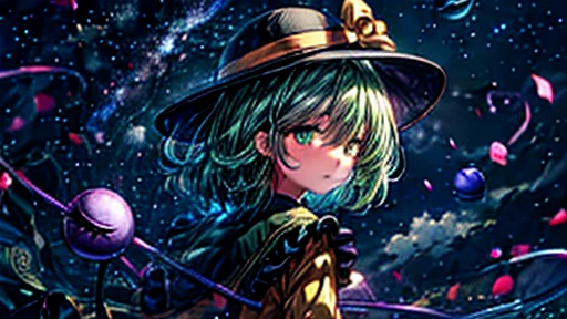 sparkle, star \(symbol\), ,komeiji_koishi, 1girl, third_eye, yellow_shirt, black_hat, green_hair, frilled_sleeves, highres, frilled_shirt_collar, wide_sleeves, hat_bow, green_eyes, green_skirt, heart_of_string, yellow_bow, hat_ribbon,  diamond_button, yellow_ribbon, eyeball, rose petals, moon, Clouds, hiding moon, night, look back, looking at viewer, 