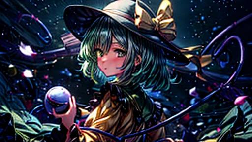 sparkle, star \(symbol\), ,komeiji_koishi, 1girl, third_eye, yellow_shirt, black_hat, green_hair, frilled_sleeves, highres, frilled_shirt_collar, wide_sleeves, hat_bow, green_eyes, green_skirt, heart_of_string, yellow_bow, hat_ribbon,  diamond_button, yellow_ribbon, eyeball, rose petals, moon, Clouds, hiding moon, night, look back, looking at viewer, 