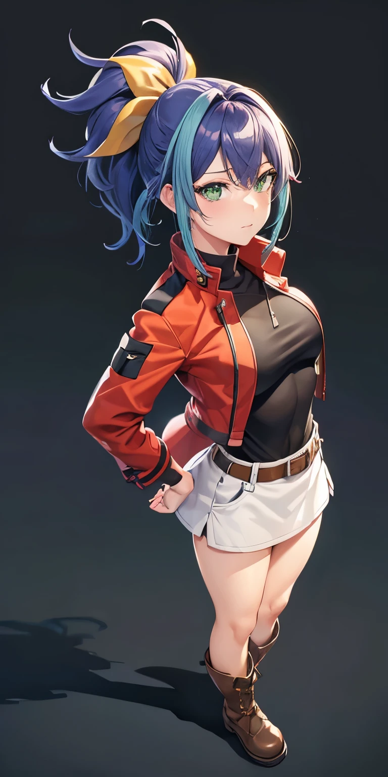 1 Female,High definition,high resolution,Ultra-realistic,8K, aaserena, yellow ponytail, ((multicolored hair)),green eyes, red jacket, black shirt, belt, white skirt, tight skirt, miniskirt ,brown boots, medium breasts,European,sexy,Upper body close-Photographed from the front,Dynamic Angles,private teacher,blush, small tits ,(top view),(full body), Multicolored hair ,(from behind ),big ass