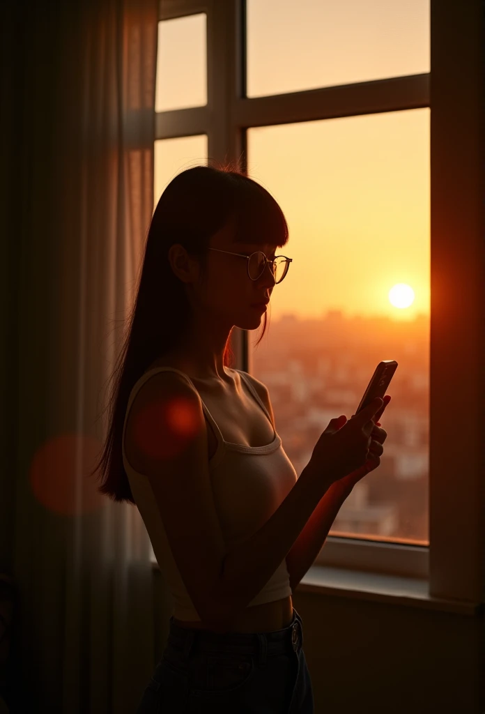 A Korean, 20 years old woman, eyeglasses, parted lips, wearing a white camisole, is standing in front of a window. She has long hair, black hair, blunt bangs, loose hair, she is texting from her cellphone, the room appears to be dark, the girl is lit up by the sunset light coming through the window, sunset, multiple lens flares