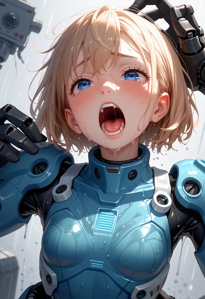 very detailedな目と顔),blue eyes, small breasts,　 soaked,  clothes,Mech Suit, black inner,SF,weating from the pleasure, ((((expression just before climax))))((eyes open)), (can't control the pleasure), sweaty, (whole body is drenched in sweat), An uncontrollable expression, (Opening mouth wide), (screaming),