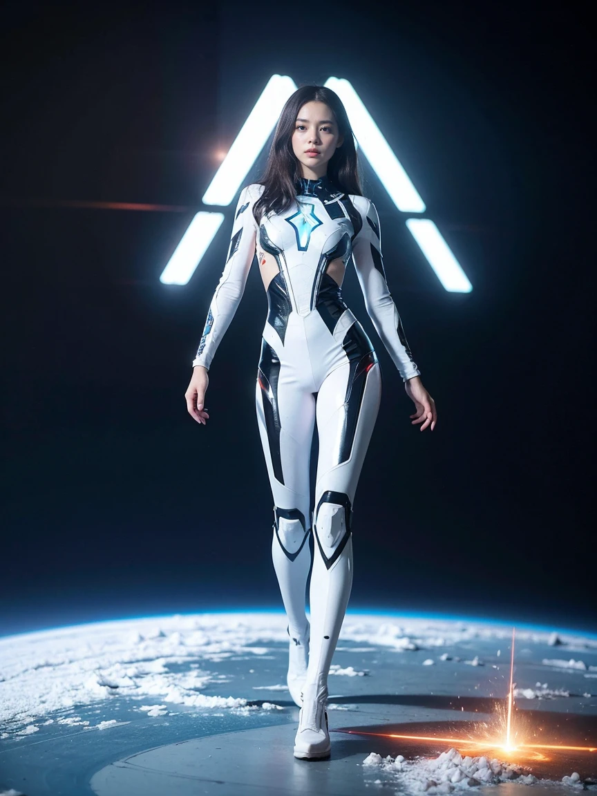 (RAW photo, Best Quality), (Realistic,  photorealistic:1.3),  1 girl、Full body photography、Realisticbody、shiny white combat suit、 a pyramid-shaped spacecraft that came from outer space 、 countless laser beams 、Tron、Aurora、meteorite