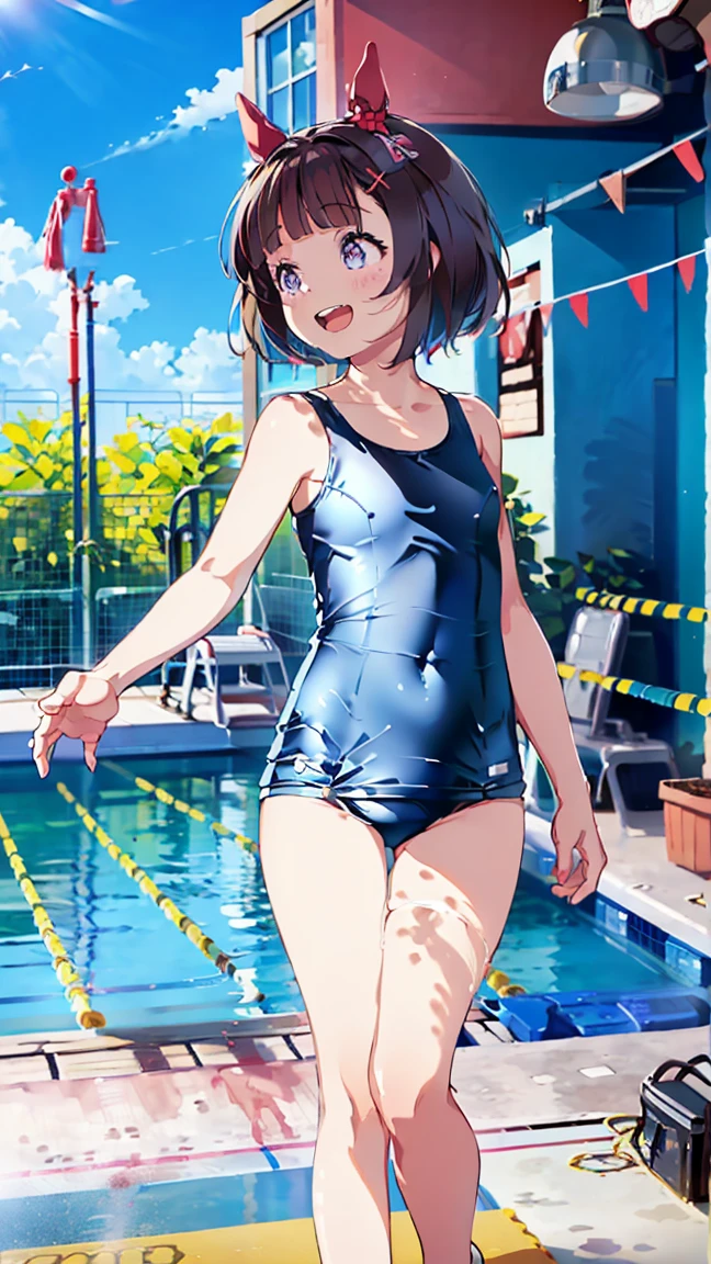 masterpiece, Best Quality,  high definition,  very detailed,(((Nishino Flower))), (((Horse Girl))), ((( one-piece swimsuit ))), ((( Standing in the Distance ))), (((Positive。))), (((indoor))), (((blue sky))), ((( is laughing。))), (((window))), (((Pool)))