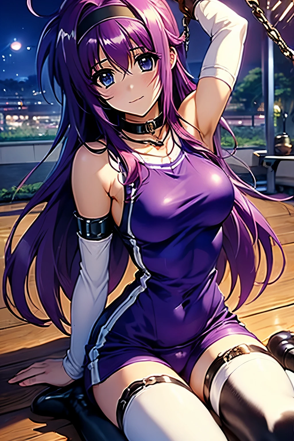 （（（ＳＦＷ、Precision、Highest quality、A first-class masterpiece、Normal body、8k、  detail face 、Ultra-precision、 Normal Hand、通常refer to、５refer to、Highest）））、Suzuka Tsukimura 、Suzuka 、" Puella Magical Girl Lyrical Nanoha"、Purple Hair、Long Hair、 headband、Big Breasts、 HIGH SCHOOL GIRL、 Night Clan 、Gym clothes、Bloomers、透けたGym clothes、 embarrassing、Teary-eyed、back、Nipple erection、Tied up、bondage、Chain Bondage、fear、handcuffs、Collar、ChainBIND、A lot of chains