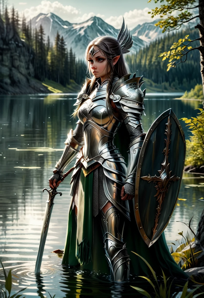  Fantasy,Princess of the Forest ,Silver Armor, Long Spear and Small Shield,Standing by the lake