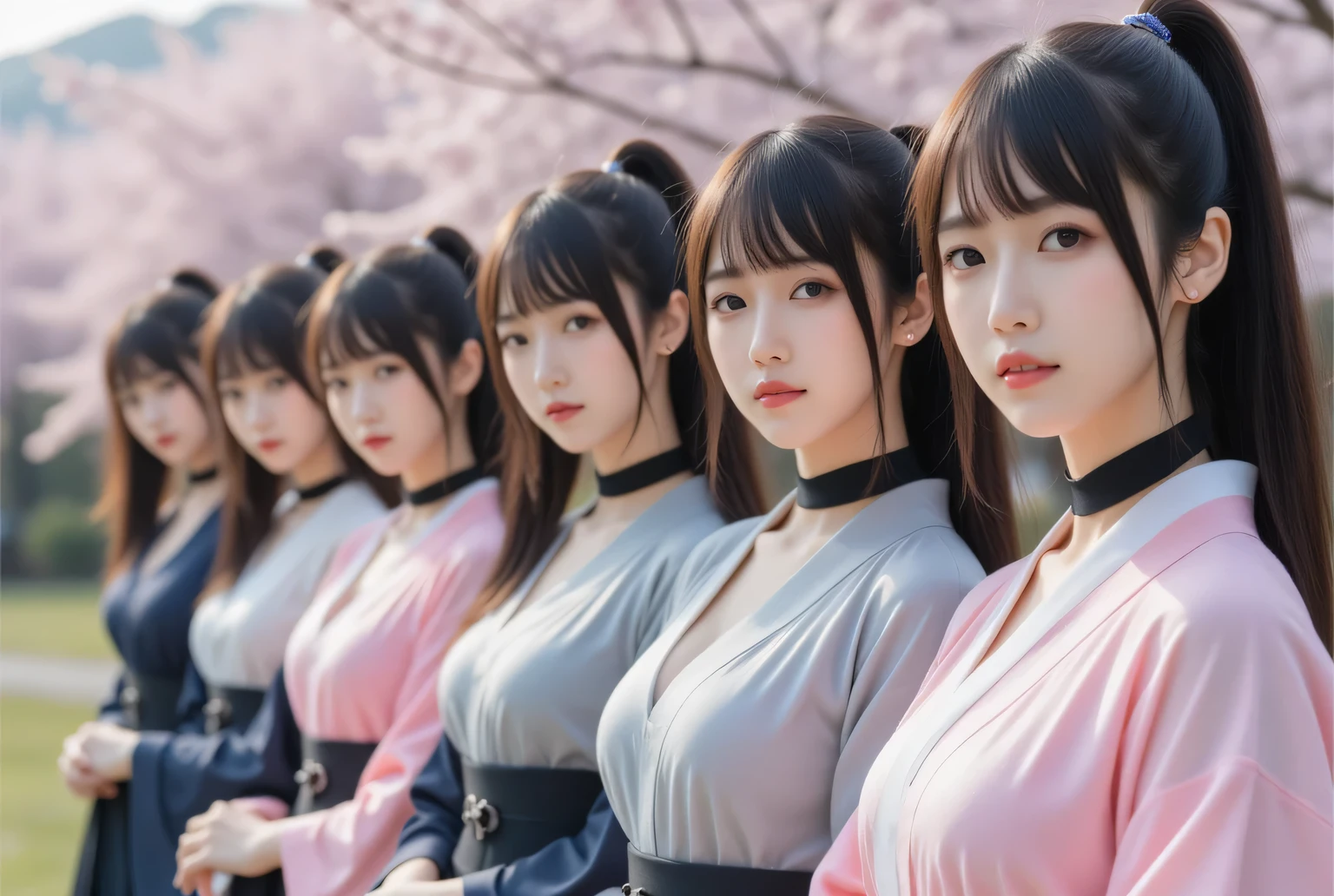 Best Quality、masterpiece、Group photo、 line up in a row、( hanbok,kimono ,Women who all wear the same clothes ), big breasts at the temple, (( Layered Haircuts )),(8k,Best Quality), full body shot ,Shooting from a medium distance,geisha,Full body image、 Adorable, smile:2, brown hair, 32K, masterpiece, Best Quality, ultra high resolution,Perfect hands, black choker、 blue eyes 、bangs、very rich and long lashes、((Big Breasts))、Happy expression:2, Cherry blossom trees