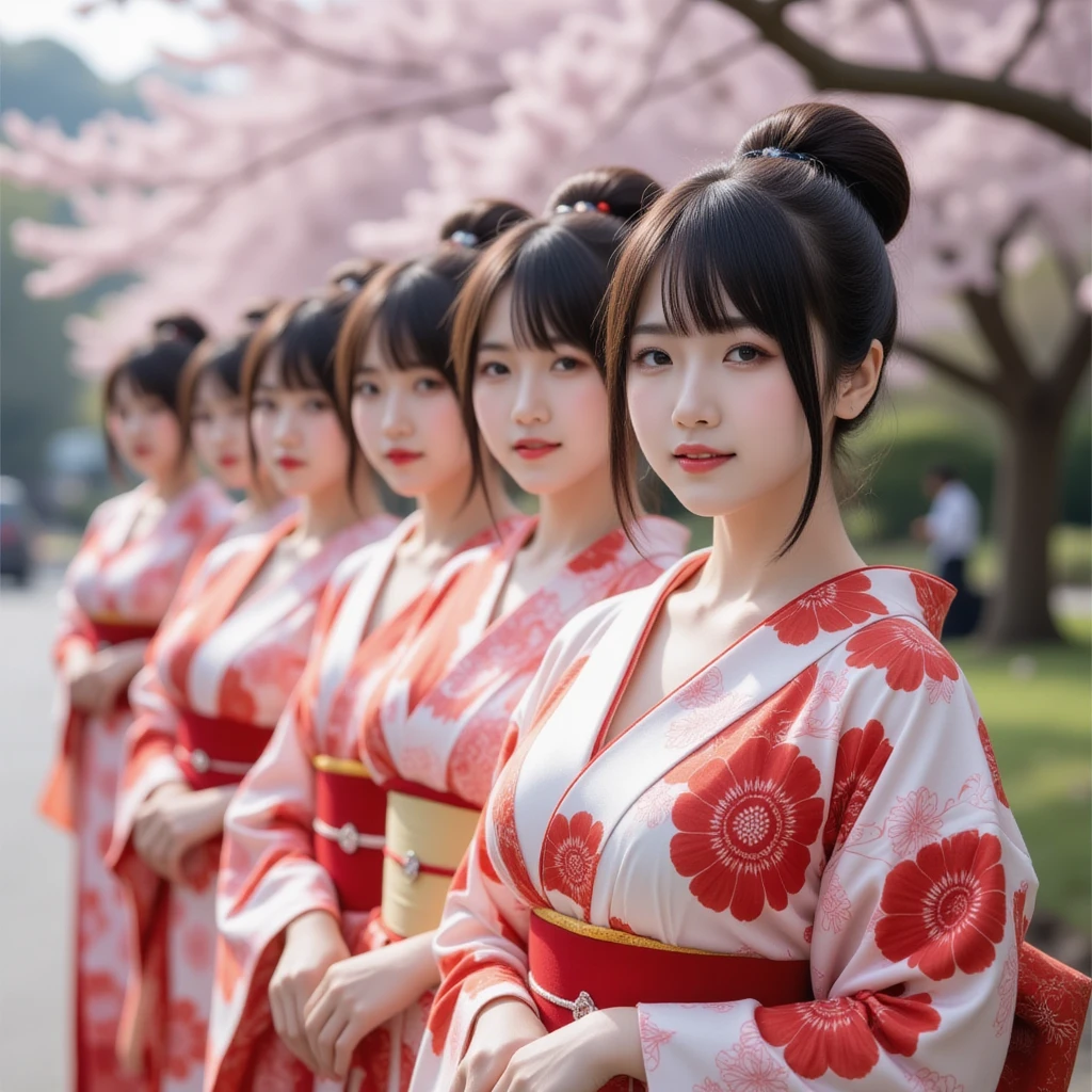 Best Quality、masterpiece、Group photo、 line up in a row、(  Completely naked，Nipples， large areolas),   big breasts at the temple, ((  Layered Haircuts  )),（8k，Best Quality），    full body shot    ，Shooting from a medium distance，geisha，Full body image、 Adorable， smile:2，   brown hair， 32K, masterpiece， Best Quality，  ultra high resolution，Perfect hands，  black choker、  blue eyes  、bangs、very rich and long lashes、((Big Breasts))、Happy expression:2, Cherry blossom trees