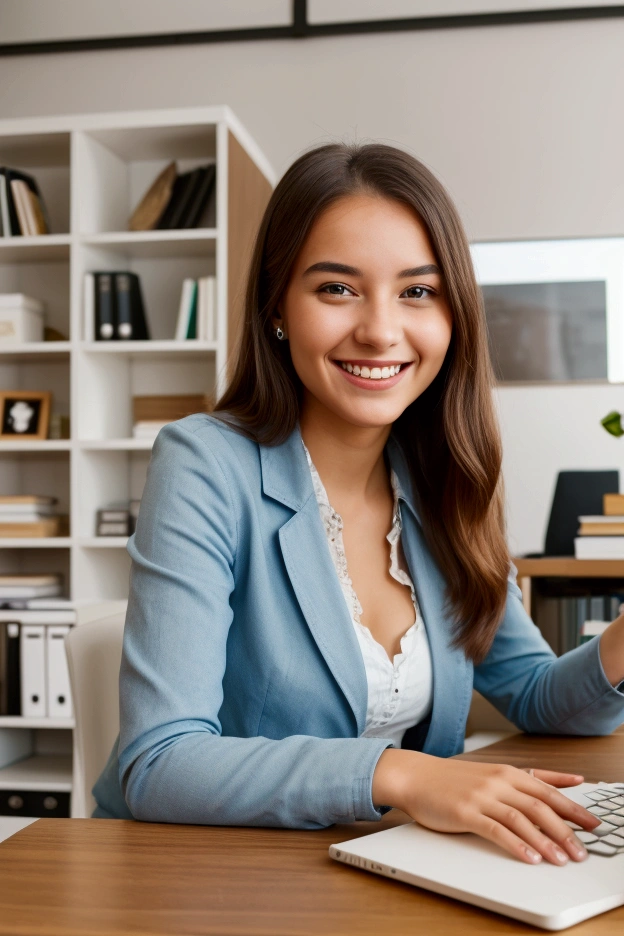 young Woman smiling in office working typing on computer with books under the table and a cup of coffee