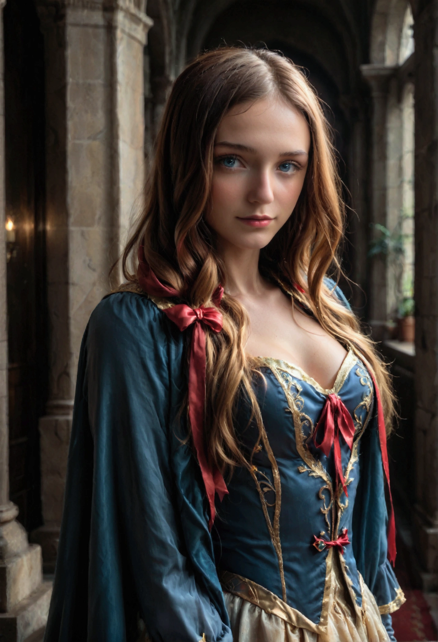 An incredibly beautiful sorceress , Blue eyes,  with long golden hair tied with a scarlet ribbon ,  dressed in a white and gold dress and a blue cape with gold embroidery.