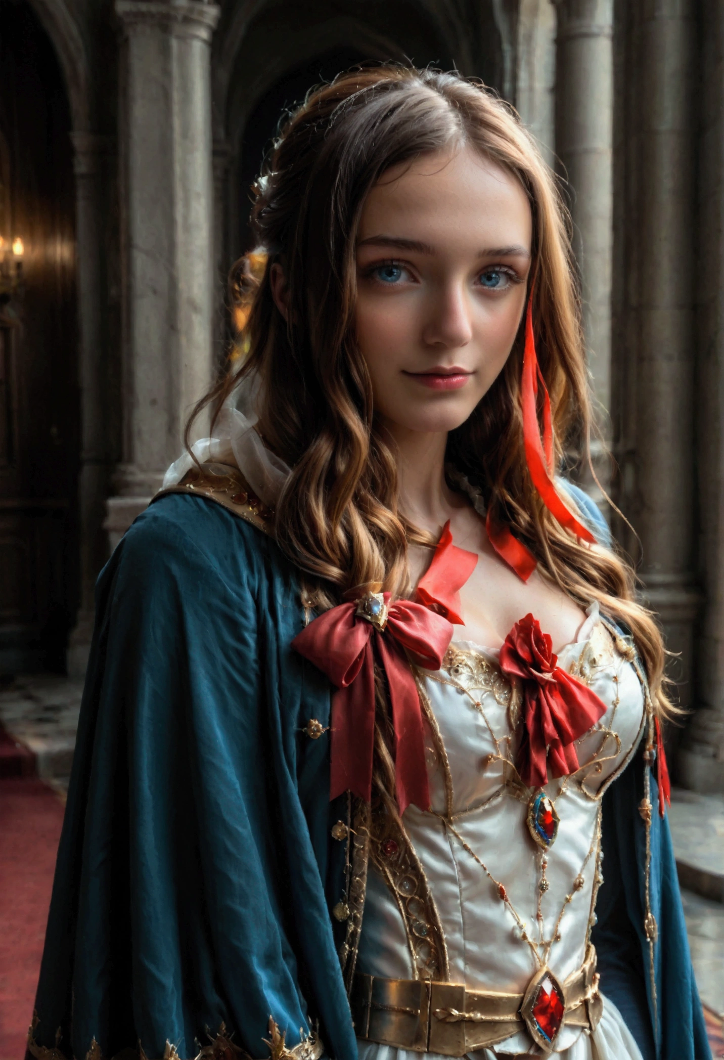 An incredibly beautiful sorceress , Blue eyes,  with long golden hair tied with a scarlet ribbon ,  dressed in a white and gold dress and a blue cape with gold embroidery.