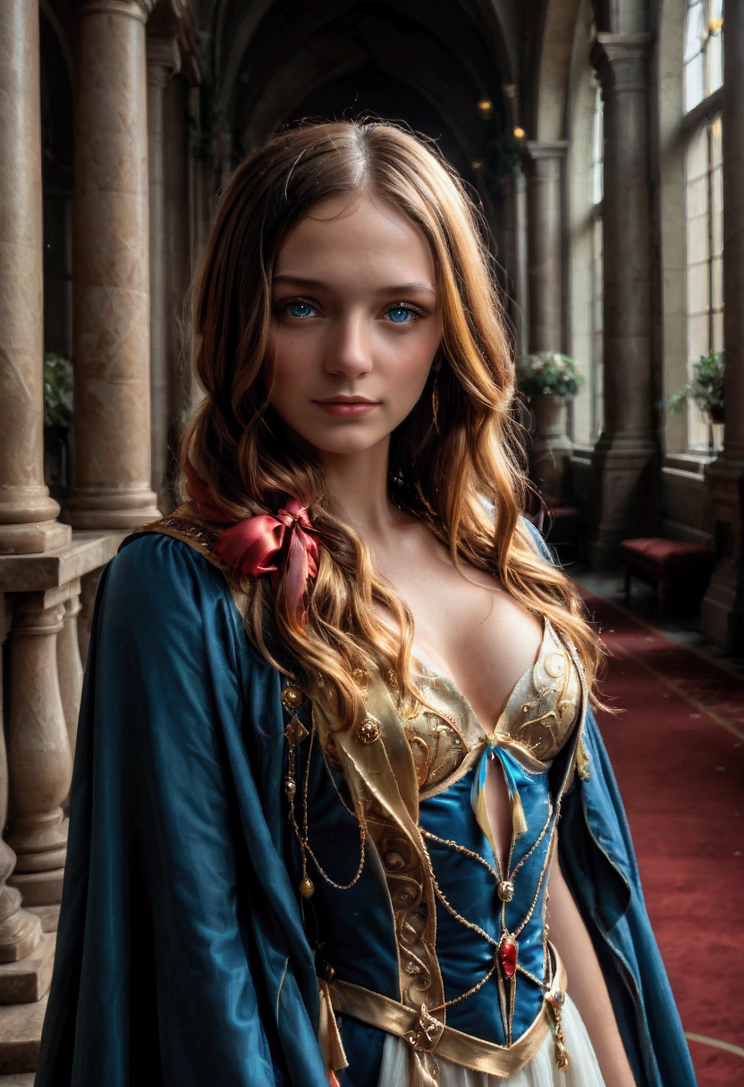 An incredibly beautiful sorceress , Blue eyes,  with long golden hair tied with a scarlet ribbon ,  dressed in a white and gold dress and a blue cape with gold embroidery.