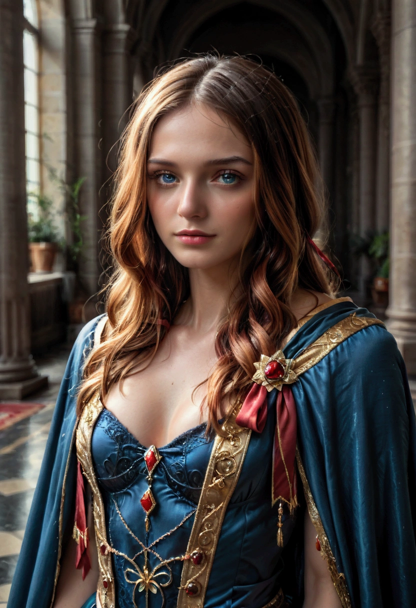 An incredibly beautiful sorceress , Blue eyes,  with long golden hair tied with a scarlet ribbon ,  dressed in a white and gold dress and a blue cape with gold embroidery.