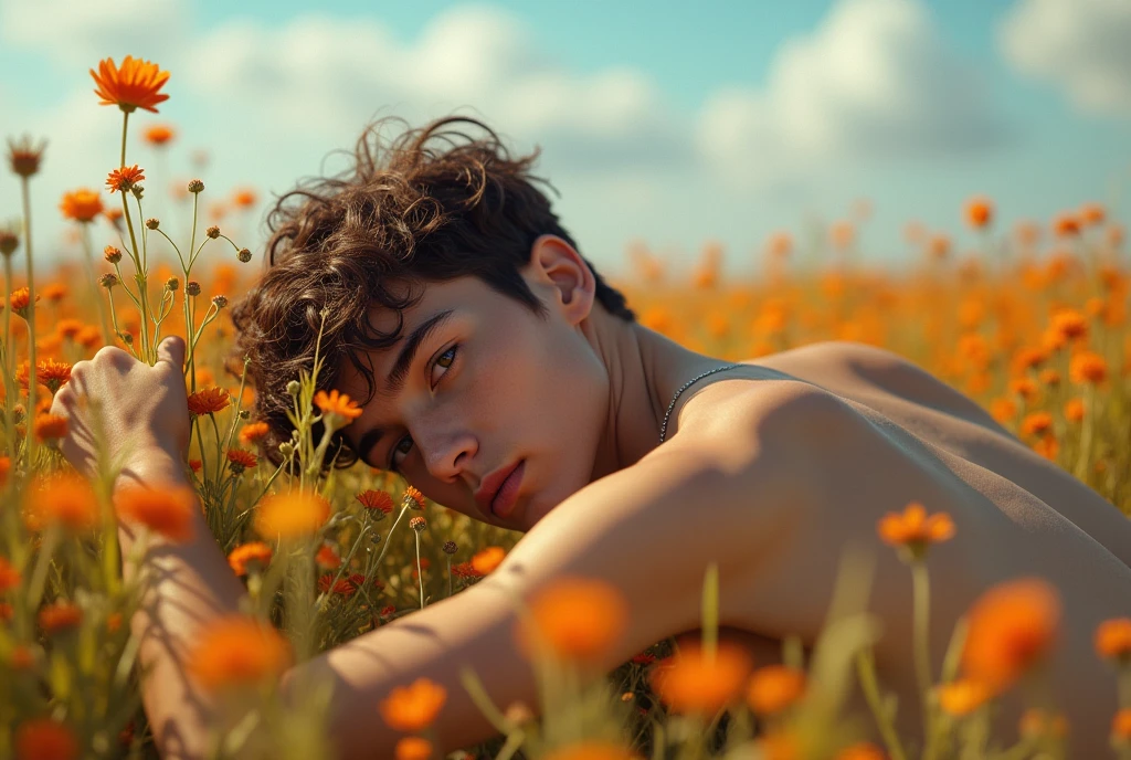 (Photorealism) Nude 18 years old young Italian student lies amidst a