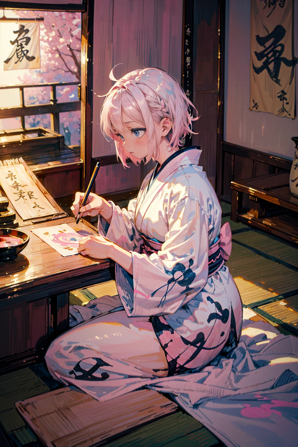 1girl,solo,(((pink short hair,blue eyes))),calligraphy,japanese style,((white kimono)),tatami,hold a brush,writting,japanese word,black character,
A soft, atmospheric scene of traditional Japanese calligraphy, being brushed,warm and nostalgic,
in japanese room,