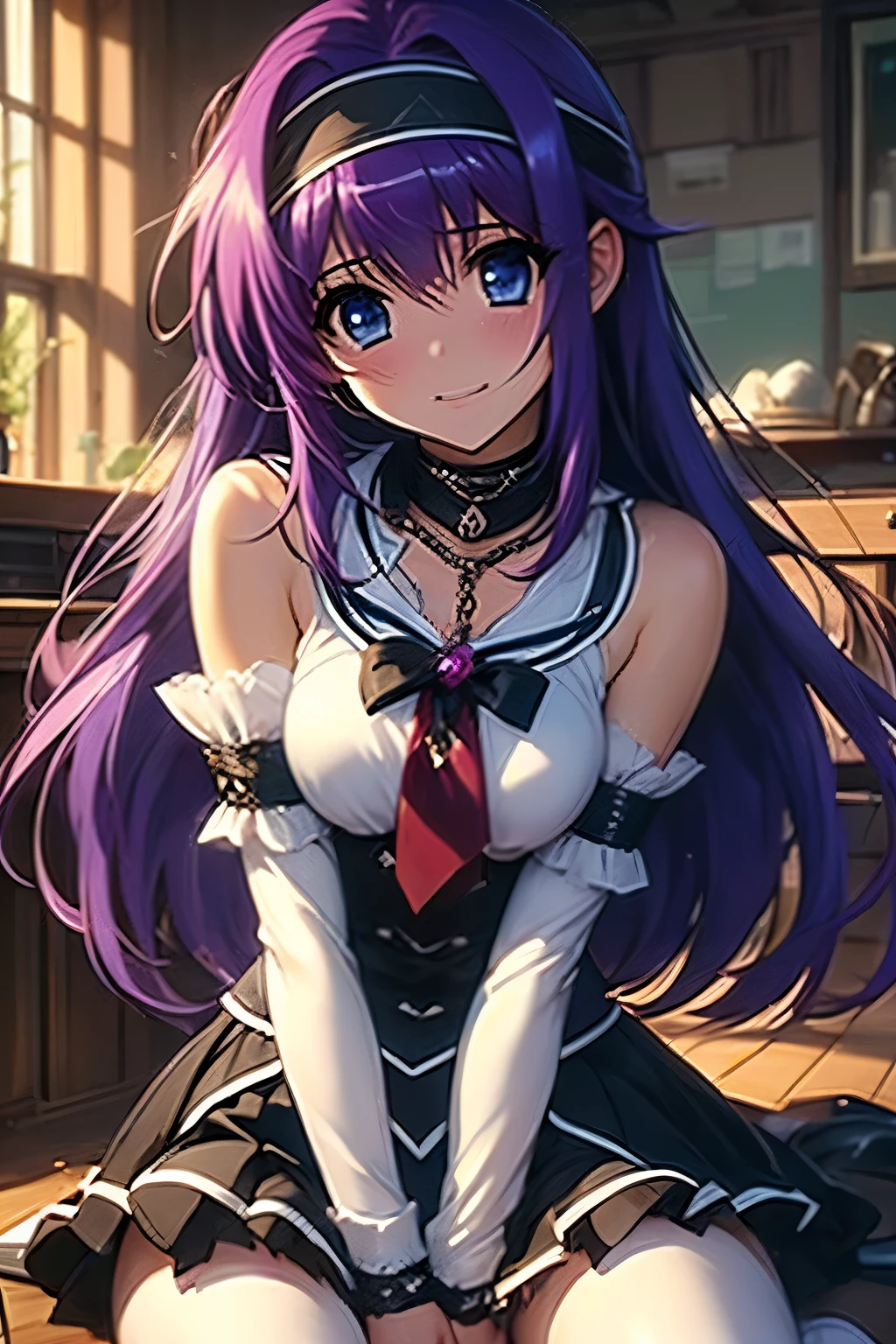 （（（ＳＦＷ、Precision、Highest quality、A first-class masterpiece、Normal body、8k、  detail face 、Ultra-precision、 Normal Hand、通常refer to、５refer to、Highest）））、Suzuka Tsukimura 、Suzuka 、" Puella Magical Girl Lyrical Nanoha"、Purple Hair、Long Hair、 headband、Big Breasts、 HIGH SCHOOL GIRL、A uniform torn to shreds、Bra exposure、stripped skirt、Panties exposed、 embarrassing、blush、Teary-eyed、Nipple erection、Tied up、bondage、Chain Bondage、Collar、ChainBIND、A lot of chains、smRoom、smplay、masochist、Overwhelmed and Intoxicated Expression 、Falling into Pleasure、I'm bowing down with pleasure and panting in agony 、Writhing