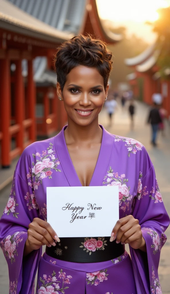 cowboy shot,  front view 1 woman, beautiful  American actress,  name is Halle Berry,30-age, (black short hair ,middle hair, beautiful brown eye, smile), (C cup breasts, wide hip), (Japanese traditional violet Kimono, kimono's below  flower pattern , black obi with flower pattern, obi string ) ,  White board hold both hands, writing word "Happy New Year" ,with ジョンウィックのキアヌリ－ブス、 front Shinto shrine, sunrise , (super detail, high details, high quality, accurate, anatomically correct, textured skin, beautiful fingers super detail, high details, high quality, best quality)