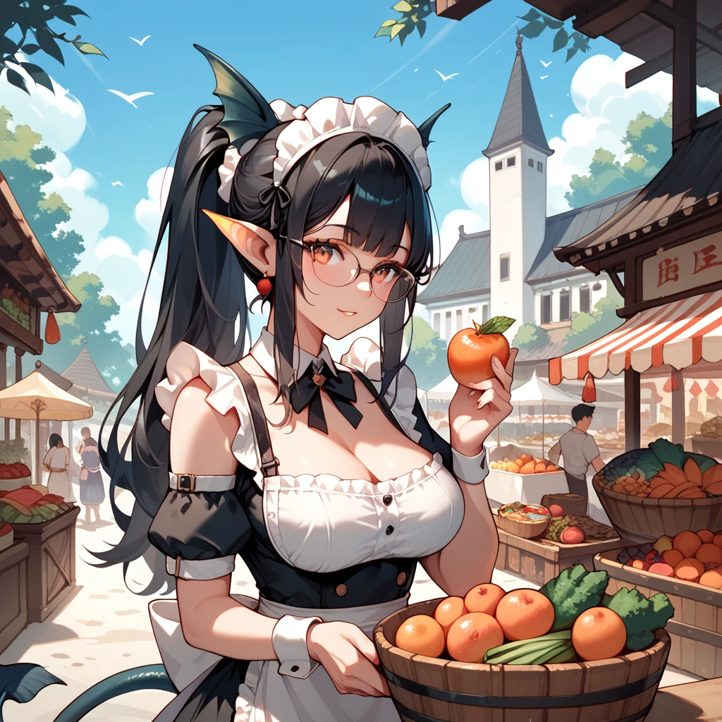 Black Hair,  long hair, ponytail,Glasses, Beast Ears,Tail, big breasts at the temple,Maid,market,fruit,fish,vegetables