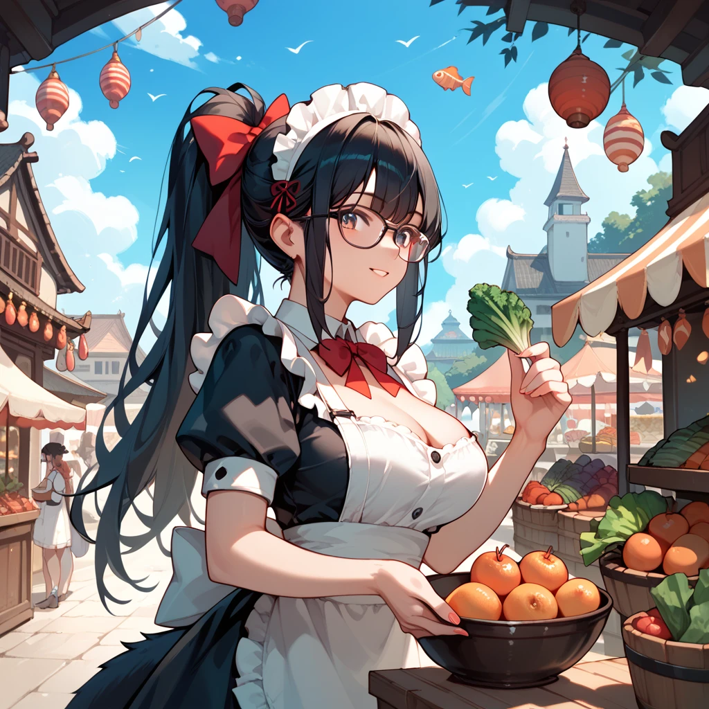 Black Hair,  long hair, ponytail,Glasses, Beast Ears,Tail, big breasts at the temple,Maid,market,fruit,fish,vegetables