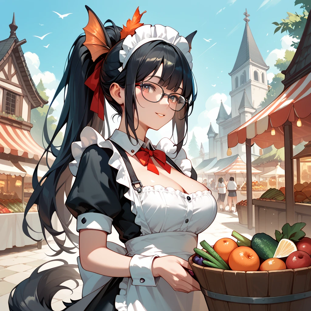 Black Hair,  long hair, ponytail,Glasses, Beast Ears,Tail, big breasts at the temple,Maid,market,fruit,fish,vegetables