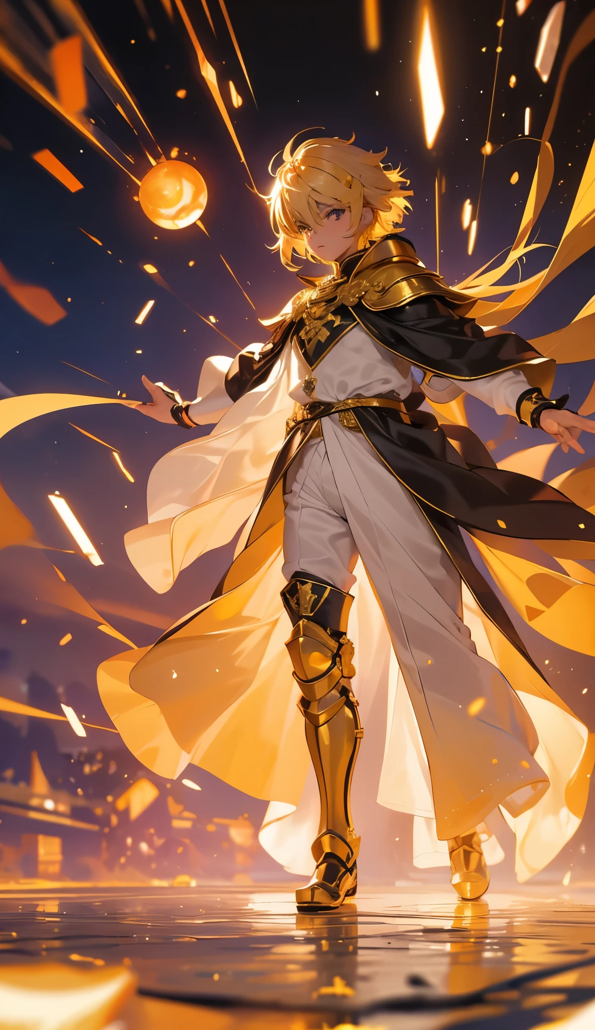 Best quality, masterpiece, ultra high resolution, white background, realistic, hadesstyle, retracted from a -yeld pre on the battlefield, short blonde hair, amber eyes, Imperial Prince armor, cape, depth of field, full body, any poses, piscando e mandando beijo