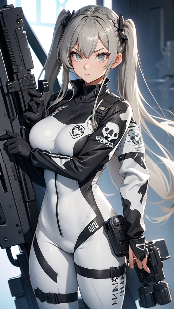 woman,  twin tails,  black and white bicolor hair,  camouflage suit, Big Breasts, Combat Uniform,  holding a laser gun , Tight Suit,  showing silhouette ,  neonline in suit ,  skull troop shield , Battalion pose ,  focusing on the whole body , High image quality.