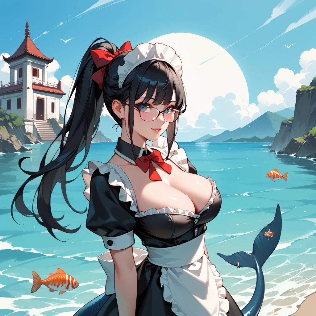 Black Hair,  long hair, ponytail,Glasses, Beast Ears,Tail, big breasts at the temple,Maid,sea,fish,