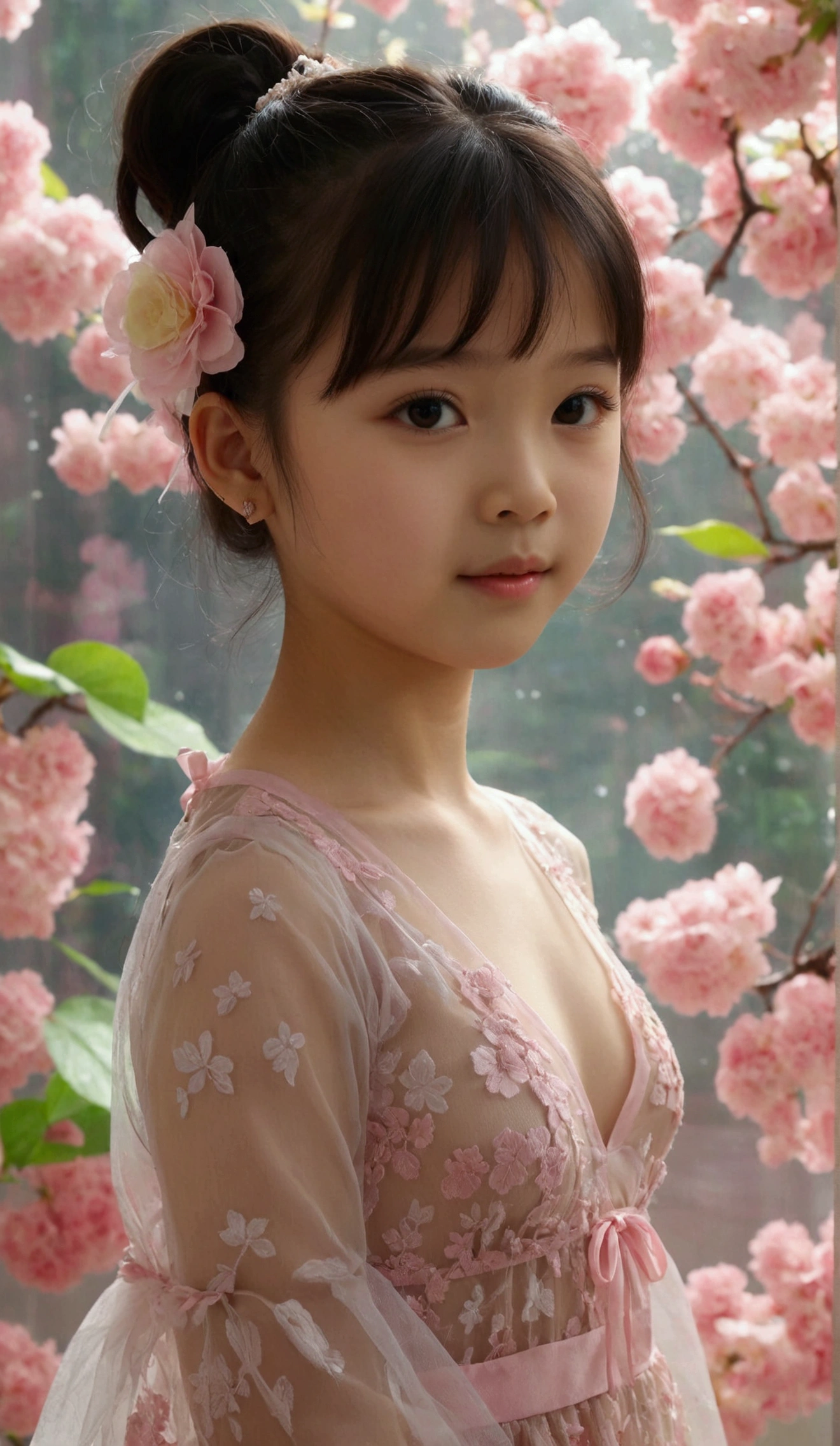 Masterpiece, UHD, 8K, most beautiful asian girl in the world, cute girl, age 9, small-budding breast, pale skin, juvpretty-girl physique, elementary_school-girl physique, charming girl, One-piece style sheer fabric dress, sheer fabric, translucent clothes, standing, from the front, act very pretty