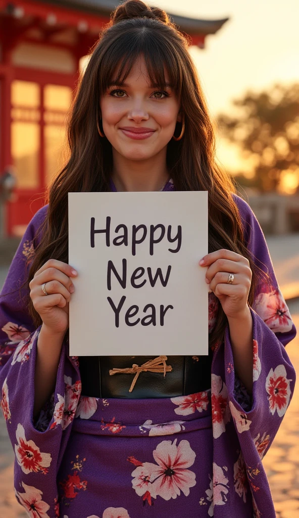 cowboy shot,  front view 1 woman, beautiful  American actress,  name is Millie Bobby Brown ,  (brown chinning hair ,fringe , beautiful brown eye, smile), (C cup breasts, wide hip), (Japanese traditional violet Kimono, kimono's below  flower pattern , black obi with flower pattern, obi string ) ,  White board hold both hands, writing word "Happy New Year" 、 front Shinto shrine, sunrise , (super detail, high details, high quality, accurate, anatomically correct, textured skin, beautiful fingers super detail, high details, high quality, best quality)