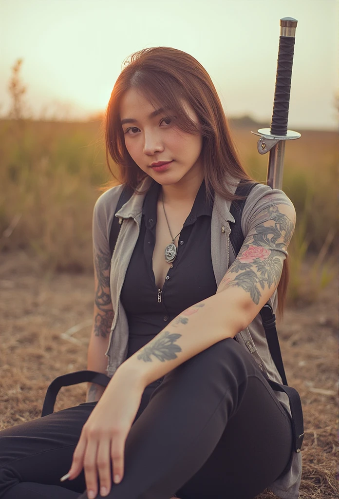 woman sitting on the ground with a sword and tattoo, Slim Yakuza Girl, katanas strapped to her back, Oriental tattoos, She holds a katana sword, female Samurai, Yakuza tattoo on the body, of a Taiwanese girl with tattoos, Full body tattoos, Full body tattoos, behind her a decorated Korean pole weapon, Geisha tattooArafed woman exuding strength and grace, her piercing gaze locked on the horizon, embodying the spirit of the warrior. The sun casts a golden hue on her inked skin, each tattoo narrating tales of valor and tradition. The intricate patterns of her full body tattoos intertwine with the curves of her form, celebrating her heritage and the legacy of the Yakuza. As she adjusts her grip on the katana, the blade glints with a fierce allure, complementing the dual katanas strapped firmly across her back, whispering of battles fought and won. An aura of mystery surrounds her, a juxtaposition of femininity and ferocity, as the decorated Korean pole weapon leans against her shoulder, an extension of her indomitable spirit. Her attire is a blend of culture and modernity, the fabric flowing seamlessly, allowing for swift movement, while showcasing her tattoos that tell a story of perseverance, elegance, and history. The geisha tattoo, wrapped delicately around her arm, serves as a reminder of the beauty and discipline of the past, merging seamlessly with the contemporary symbols etched across her skin. In this serene moment, seated on the ground, she is both a guardian and a storyteller, a slender yet powerful figure in the rich tapestry of martial heritage, ready to rise and embrace whatever destiny awaits her. The atmosphere crackles with anticipation, the weight of tradition carried in every breath, as she prepares to carve her path into the world, sword in hand and tattoos glowing with a life of their own.